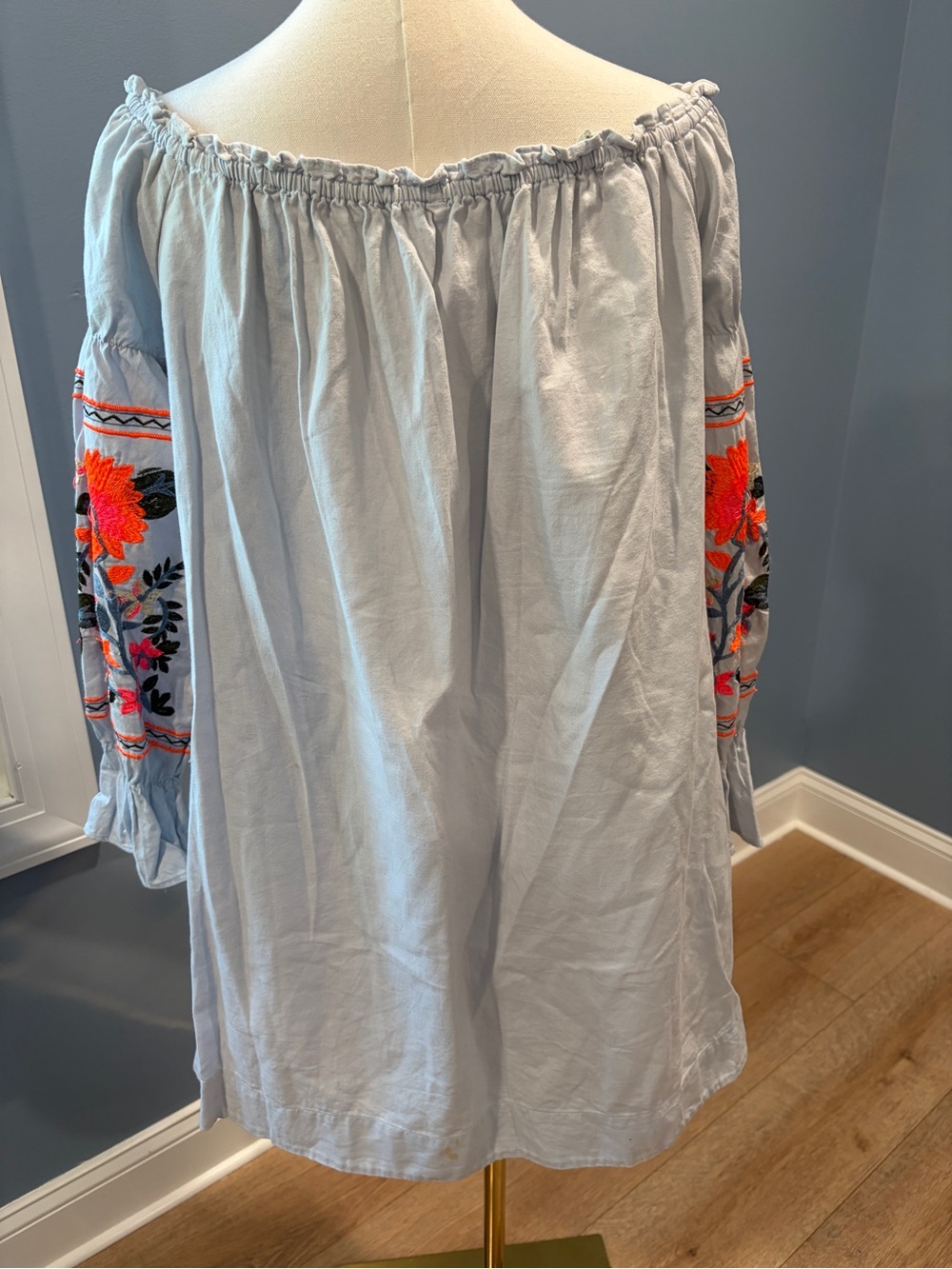 Free People Light Blue Embroidered Off Shoulder Boho Peasant Dress M - Picture 5 of 7